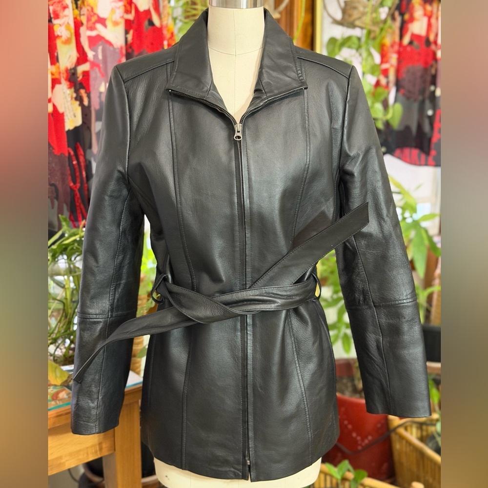 Croft & Barrow Black Leather Jacket Womens Size S Belted Moto Full Zip Casual